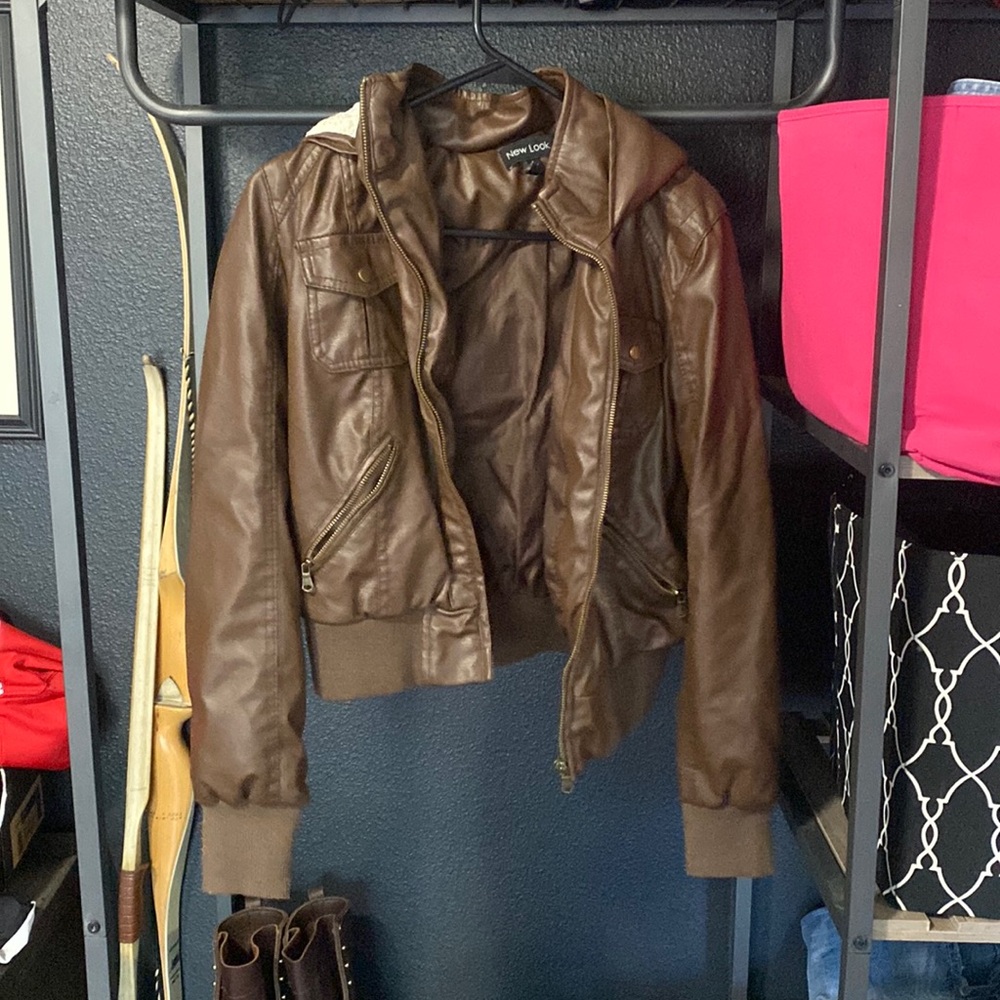 New look pleather jacket size large with fleece inside hood